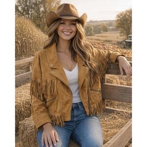 SHEIN Faux Leather Fringe‎ Moto Jacket L/XL Western Grunge Cowgirl Festival Crop